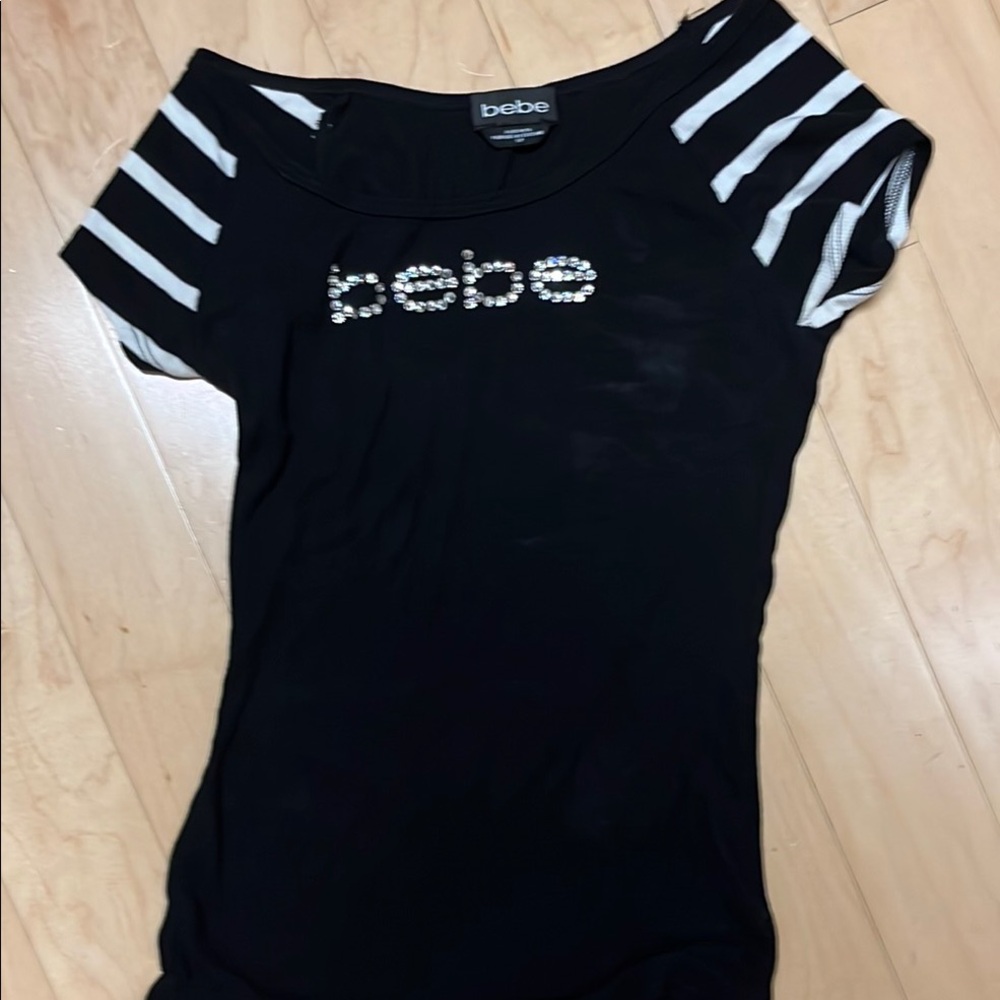 Bebe Black and White Short Sleeve Tee with Rhinestone Logo